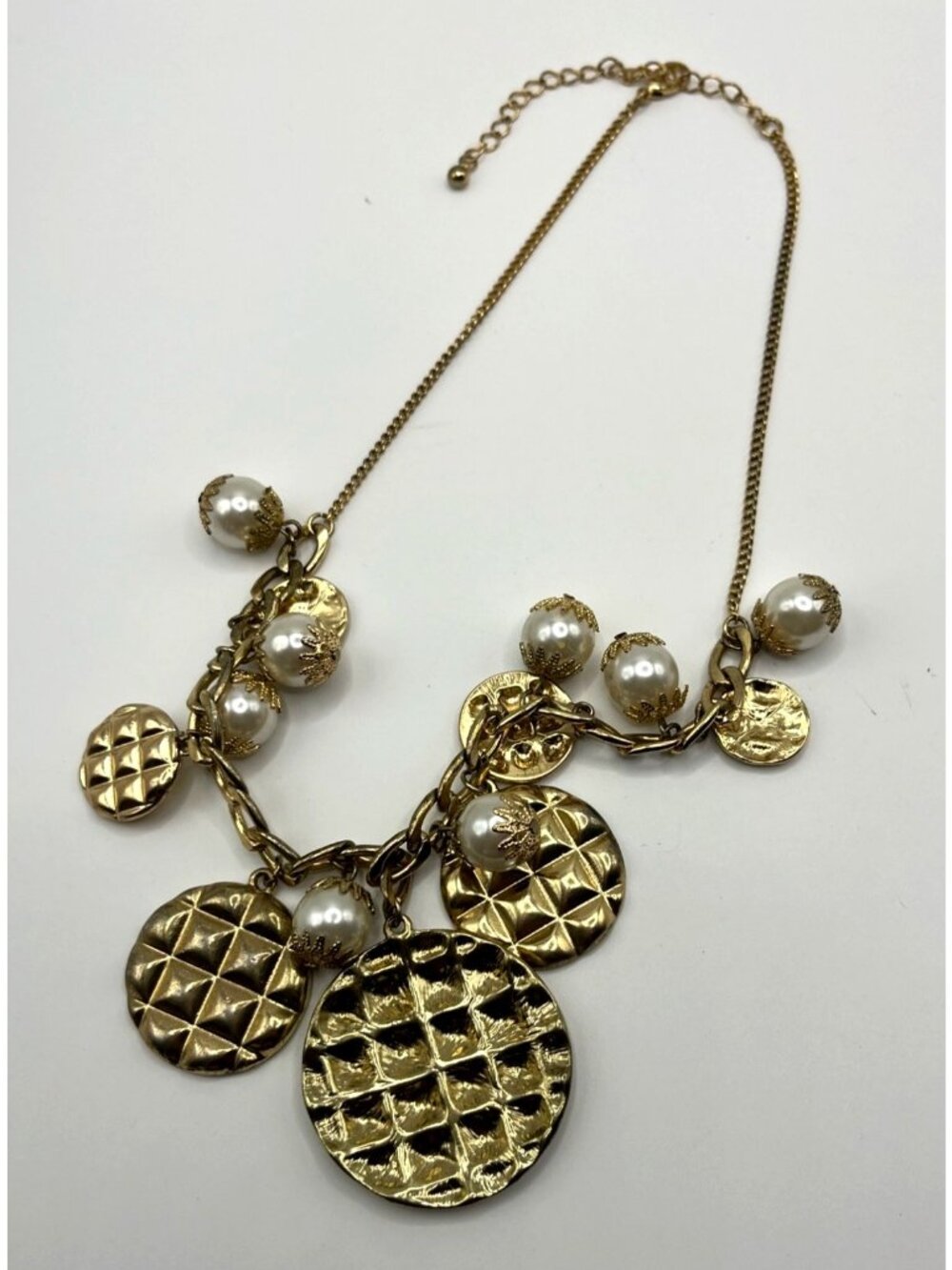 Gold Tone Statement Necklace With Pearl & Textured Disc Charms - Picture 2 of 6